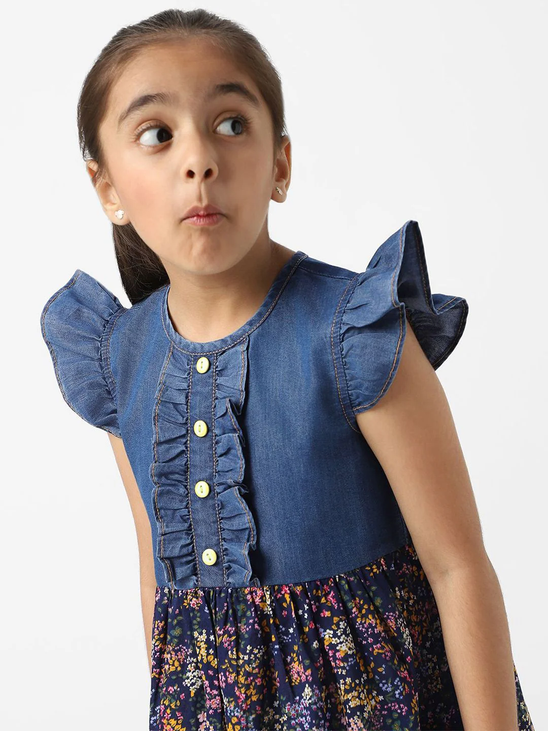 Nauti Nati Girls Denim Floral Printed Flutter Sleeves Dress - Image 7
