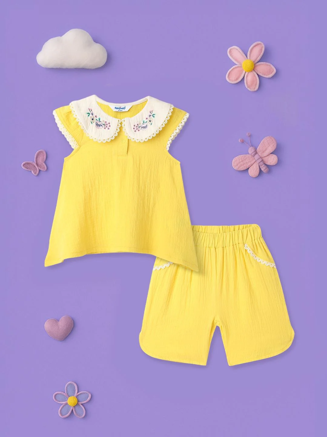 Nauti Nati Girls Girls Embroidery Detail Peter Pan Collar Cotton Top and Shorts Set