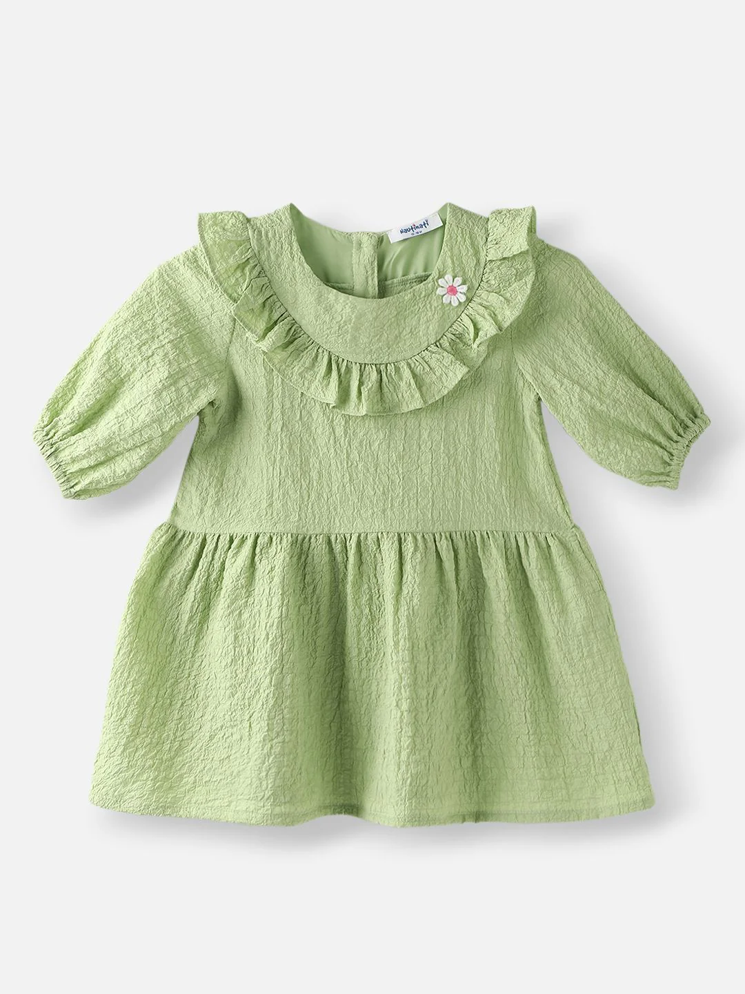 Nauti Nati Girls Green Cotton Crepe Dress with Floral Brooch