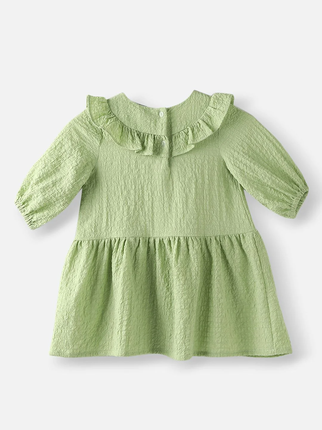 Nauti Nati Girls Green Cotton Crepe Dress with Floral Brooch - Image 2
