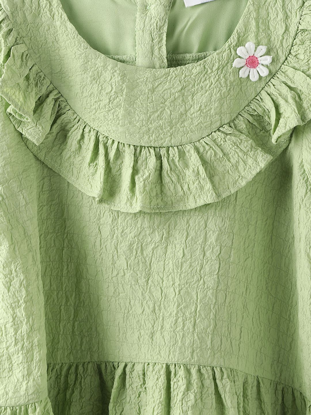 Nauti Nati Girls Green Cotton Crepe Dress with Floral Brooch - Image 3