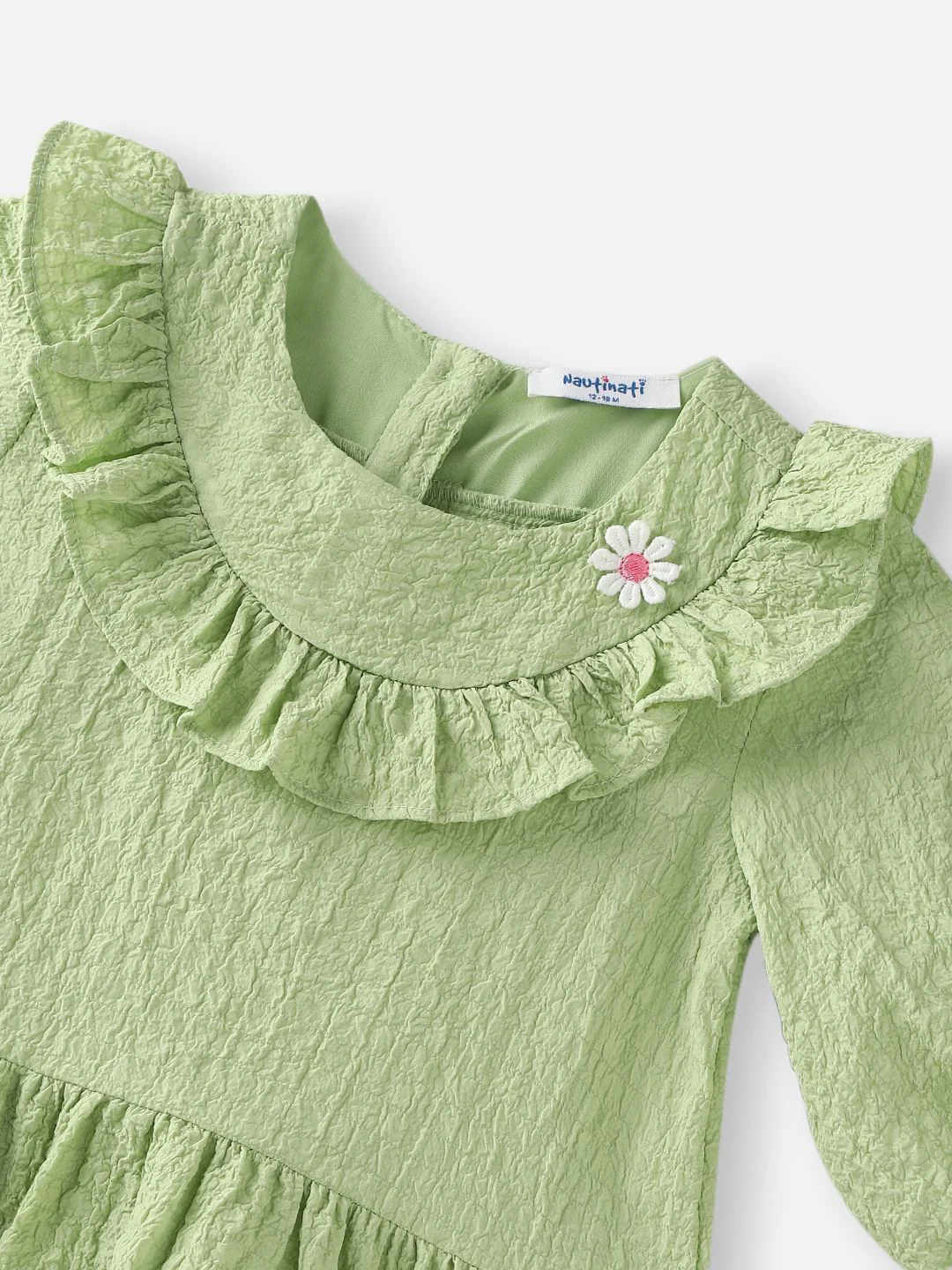 Nauti Nati Girls Green Cotton Crepe Dress with Floral Brooch - Image 5