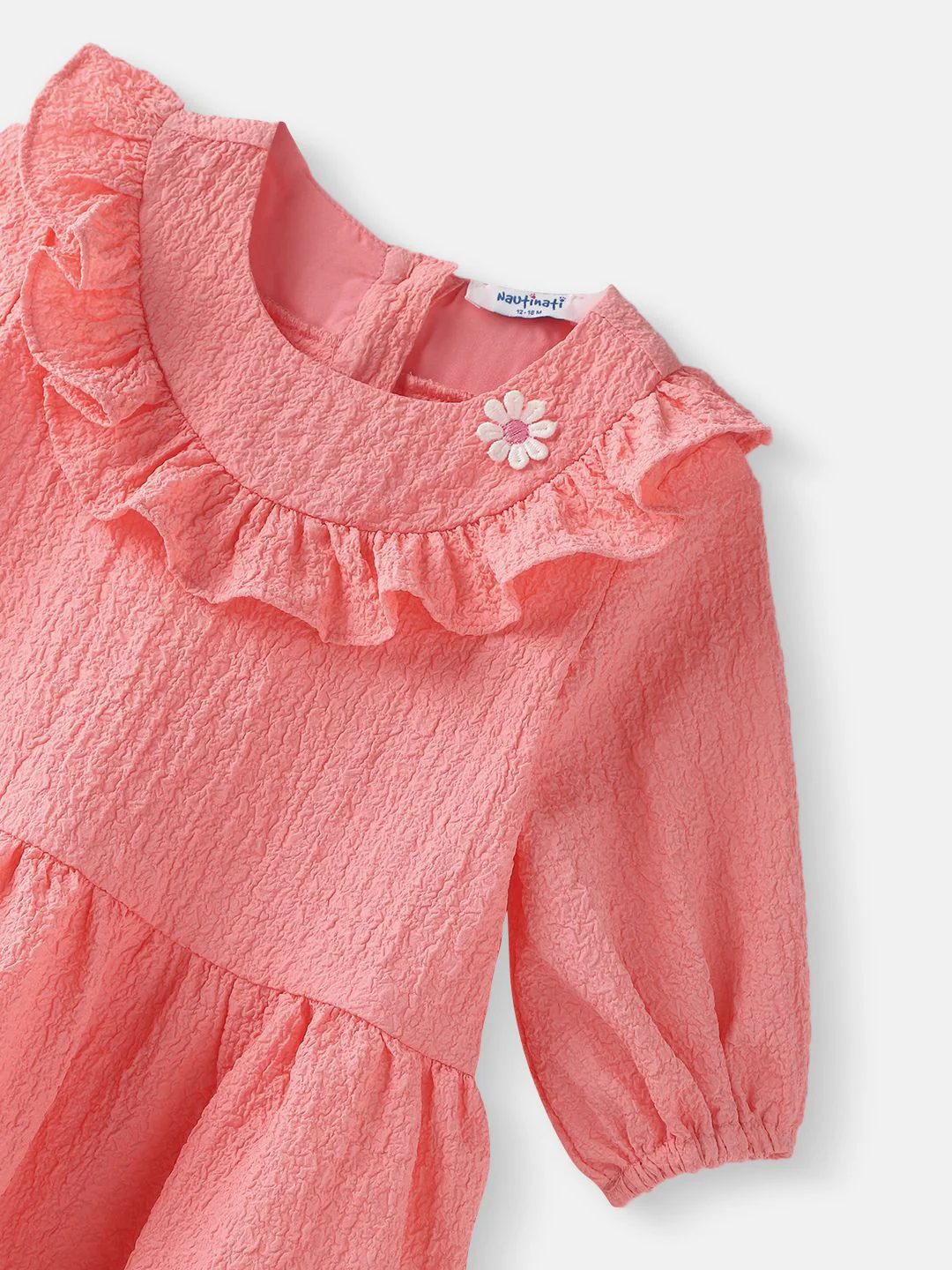 Nauti Nati  Girls Peach Cotton-Crepe Dress with Floral Brooch - Image 3