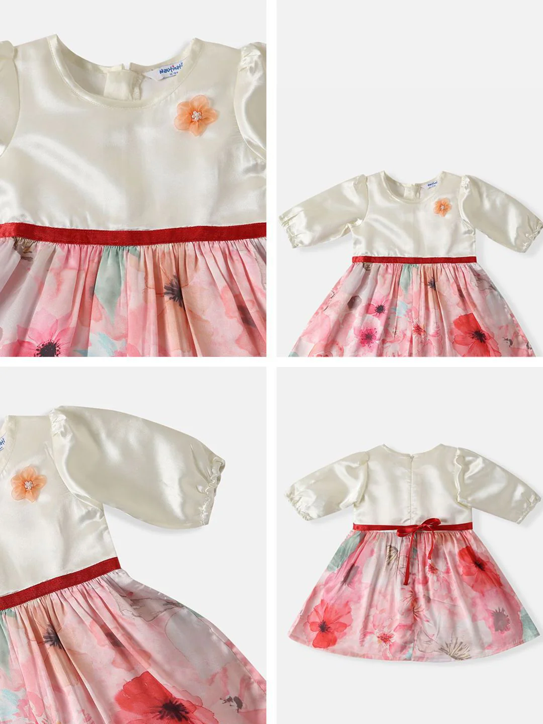 Nauti Nati Girls' Satin Floral Printed Party Frock With Waistband - Image 3
