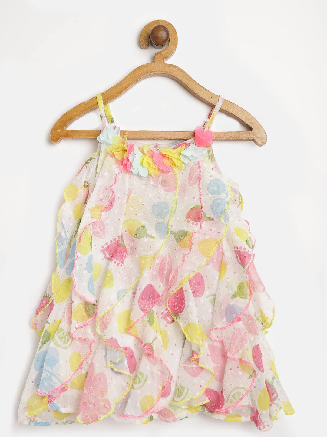 Nauti Nati Girls White & Pink Printed A-Line Dress with Ruffle Detail - Image 2