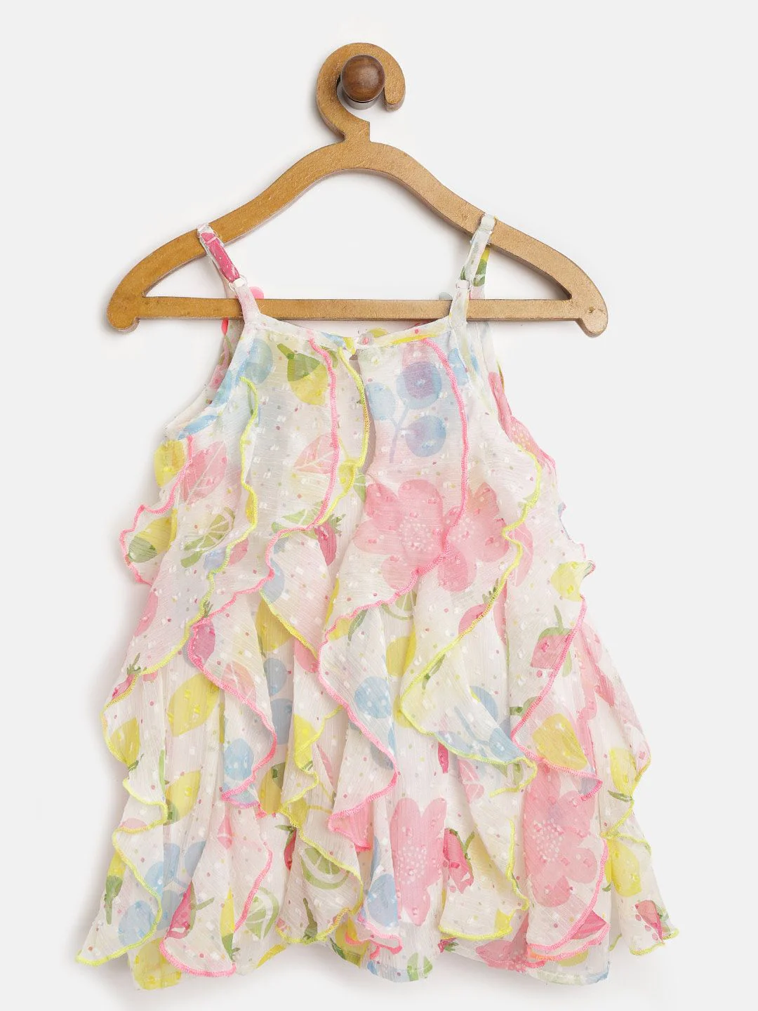 Nauti Nati Girls White & Pink Printed A-Line Dress with Ruffle Detail - Image 3