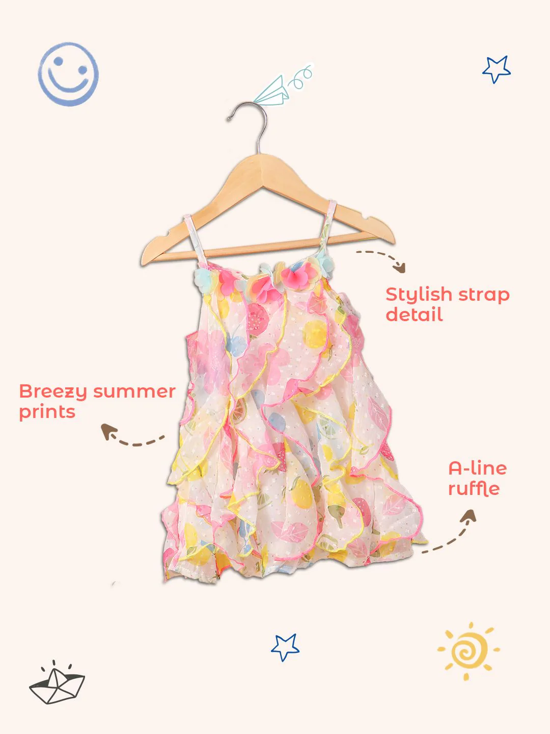Nauti Nati Girls White & Pink Printed A-Line Dress with Ruffle Detail - Image 6