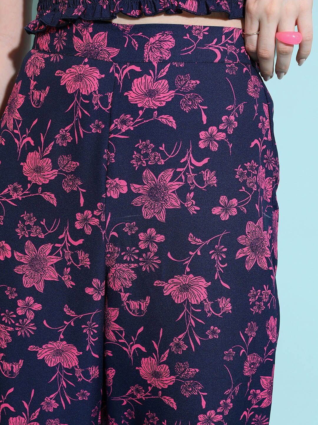 Navy-Blue and Pink Floral Printed Co-Ords - Image 3