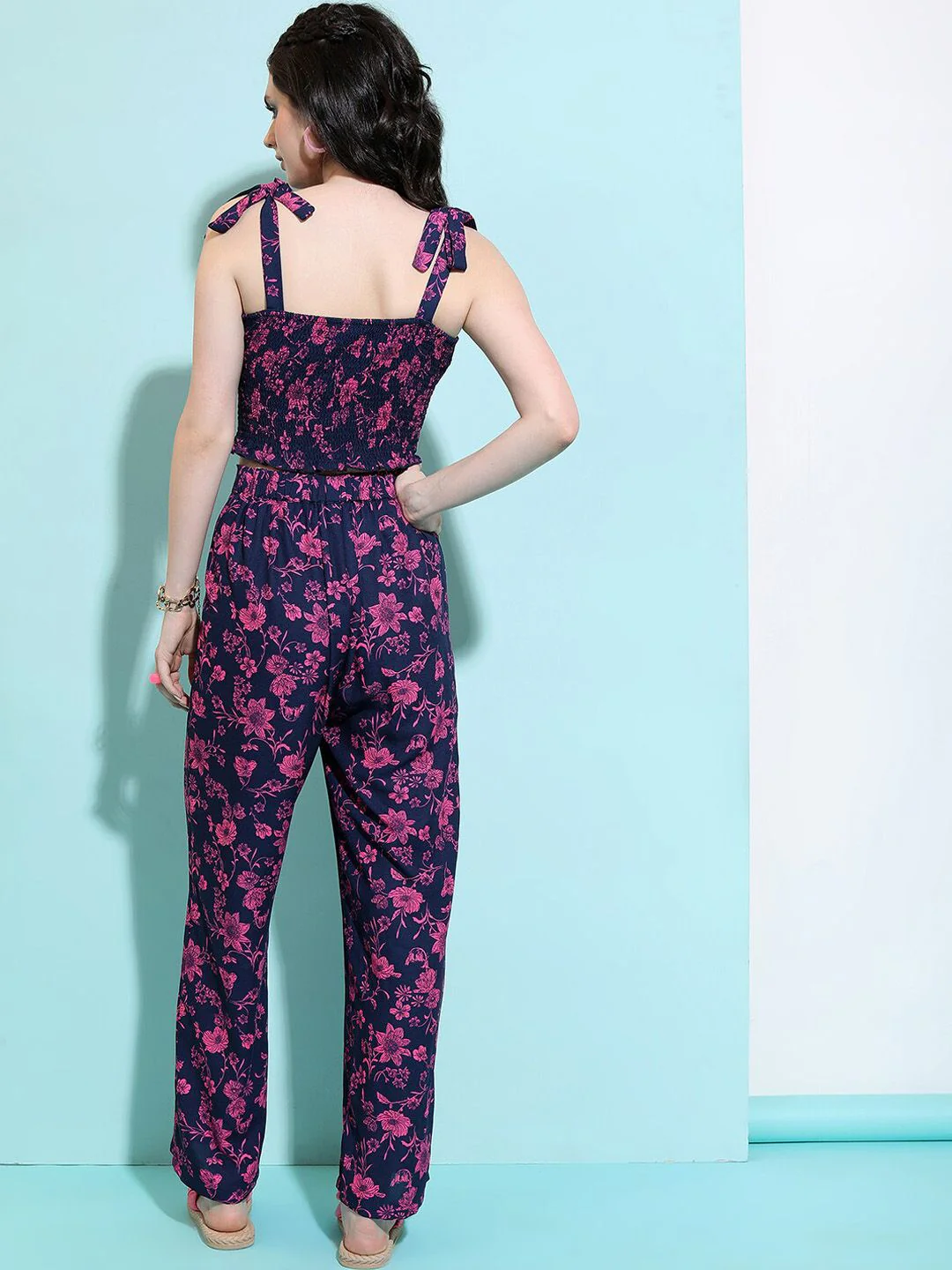 Navy-Blue and Pink Floral Printed Co-Ords - Image 4