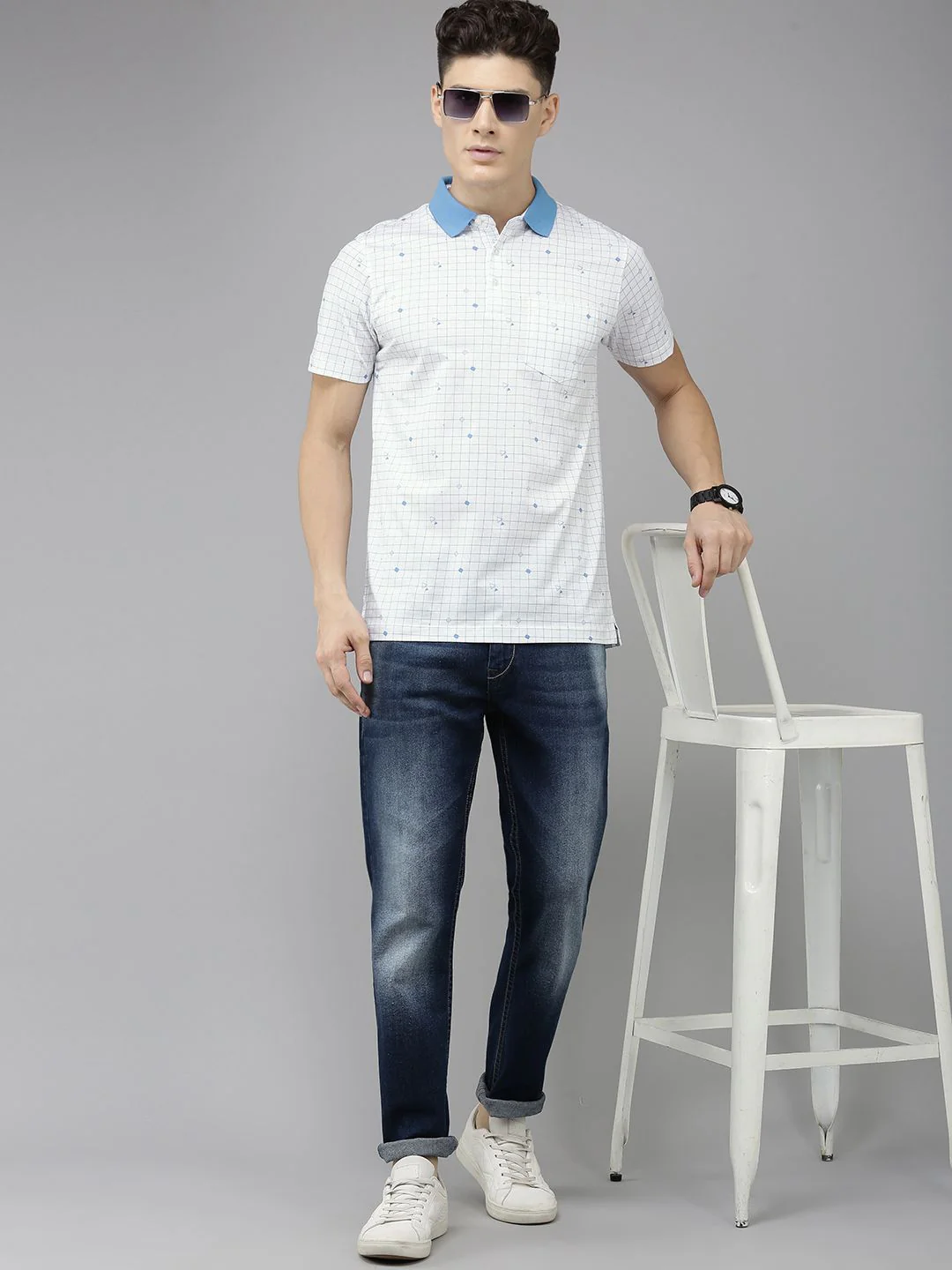 Park Avenue Checked & Geometric Printed Polo Collar Pure Cotton Slim Fit T-shirt - Image 4