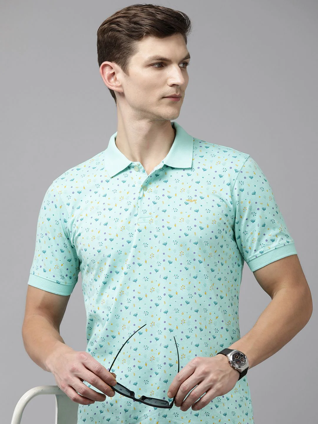 Park Avenue Floral Printed Polo Collar Slim Fit Casual T-shirt