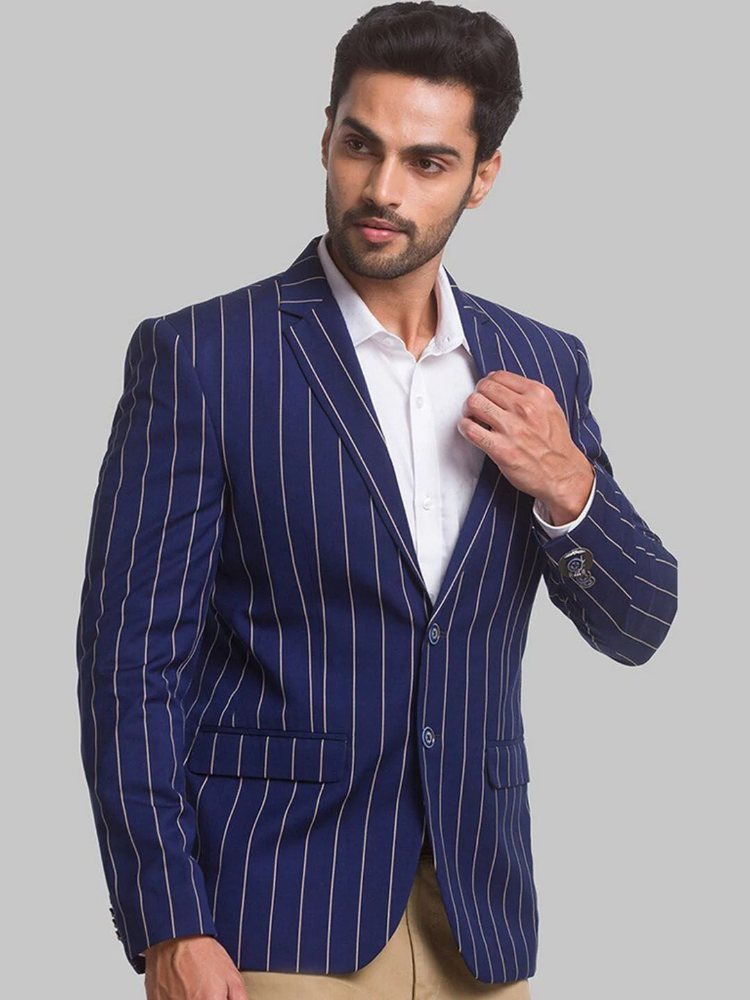 Park Avenue Men Blue Striped Single Breasted Formal Blazer - Image 3
