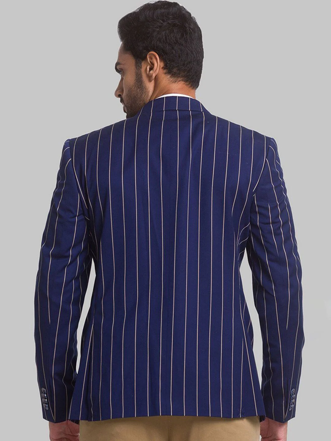 Park Avenue Men Blue Striped Single Breasted Formal Blazer - Image 4