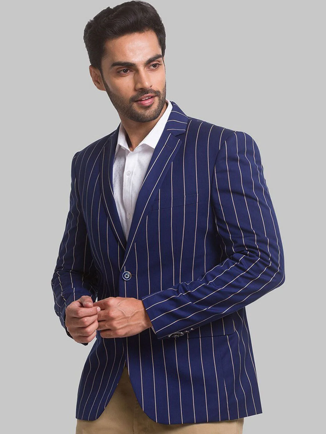 Park Avenue Men Blue Striped Single Breasted Formal Blazer - Image 5