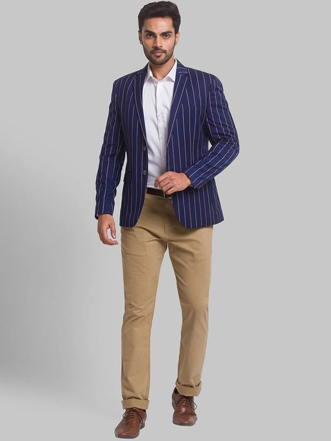 Park Avenue Men Blue Striped Single Breasted Formal Blazer - Image 6