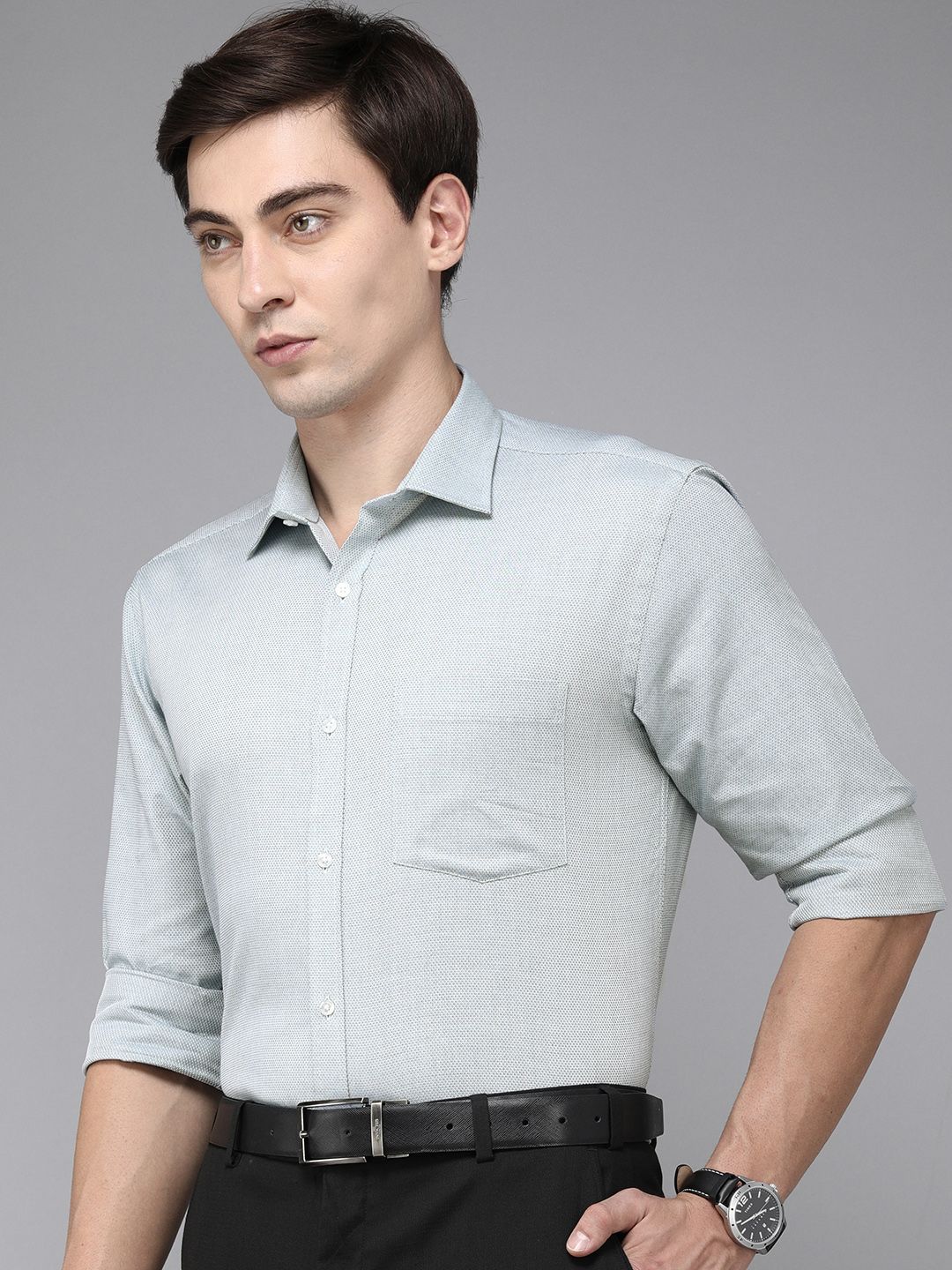 Park Avenue Men Blue Textured Pure Cotton Slim Fit Formal Shirt - Image 5