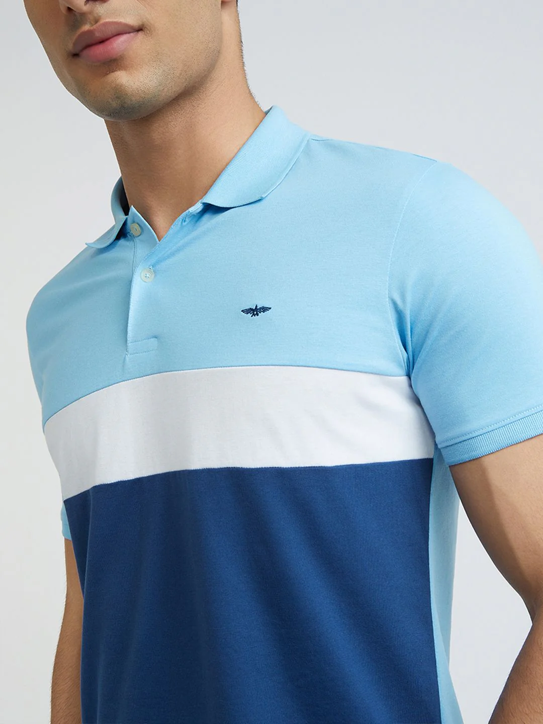 Park Avenue Men Blue & White Colourblocked Polo Collar Slim Fit T-shirt - Image 2