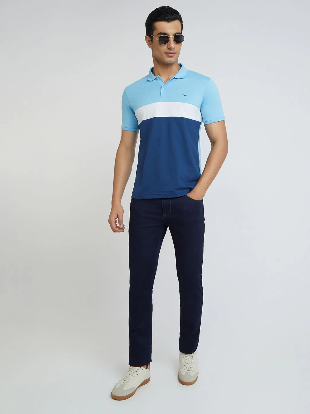 Park Avenue Men Blue & White Colourblocked Polo Collar Slim Fit T-shirt - Image 6