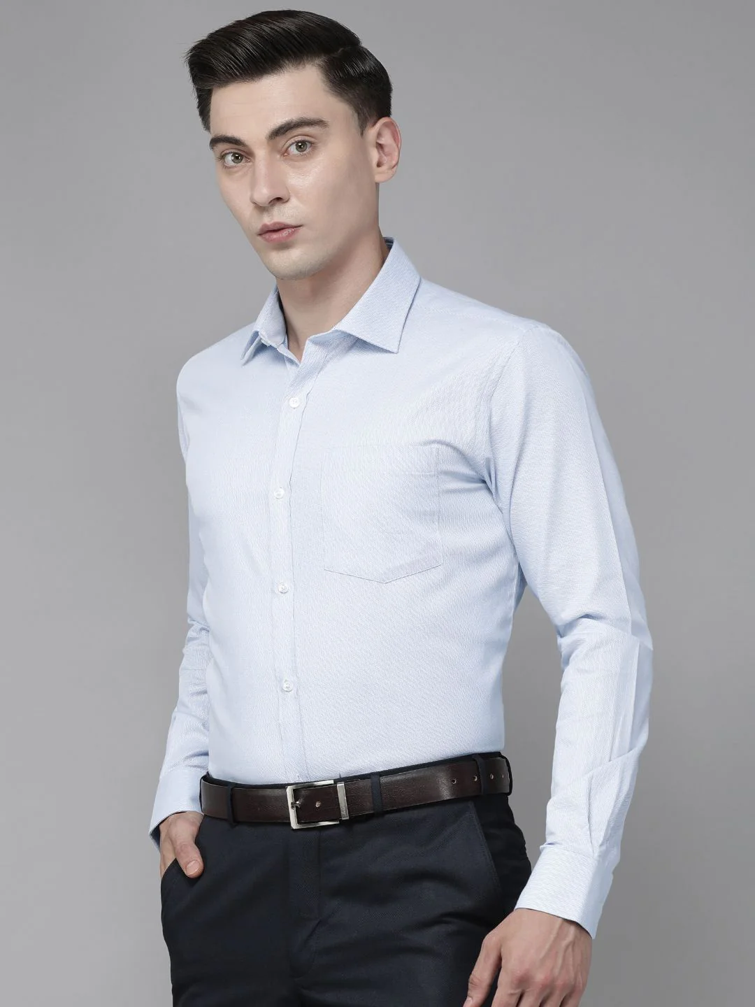 Park Avenue Men Light Blue Self Design Slim Fit Formal Shirt - Image 4