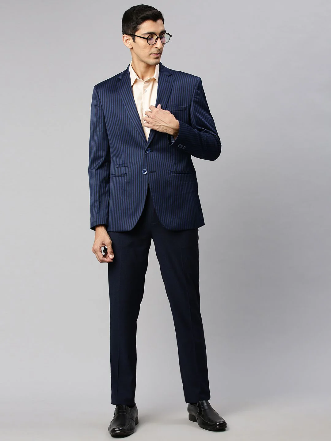 Park Avenue Men Navy Blue & Black Striped Super Slim Fit Single-Breasted Formal Blazer - Image 4