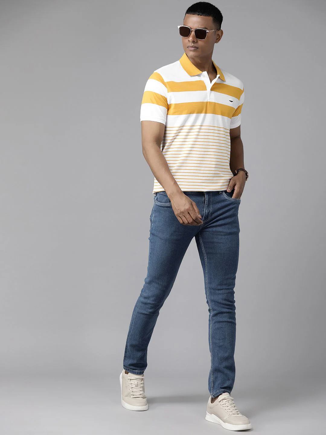 Park Avenue Men Striped Polo Collar Slim Fit T-shirt