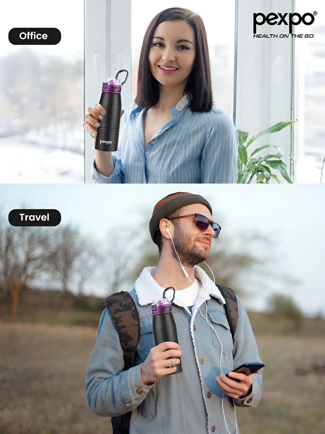 Pexpo Black & Purple Printed Stainless Steel Double Wall Vacuum Water Bottle-740 ml - Image 4