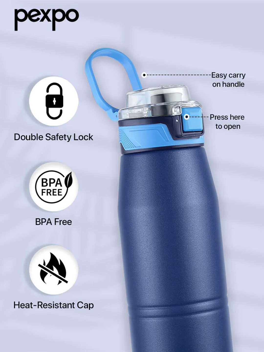 Pexpo Blue Printed Stainless Steel Double Wall Vacuum Water Bottle-940 ml - Image 3