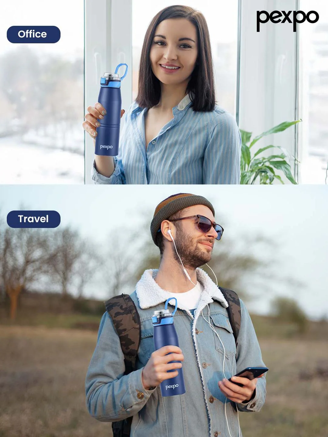 Pexpo Blue Printed Stainless Steel Double Wall Vacuum Water Bottle-940 ml - Image 5