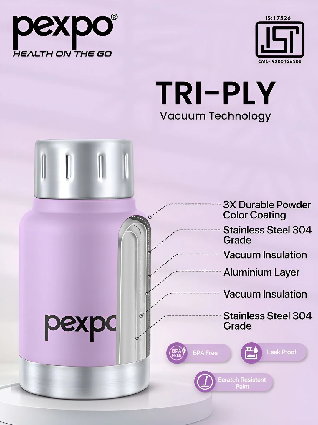 Pexpo Cameo Orchid Purple Thermosteel Hot & Cold Upto 6 Hrs Insulated Water Bottle 160ml - Image 2