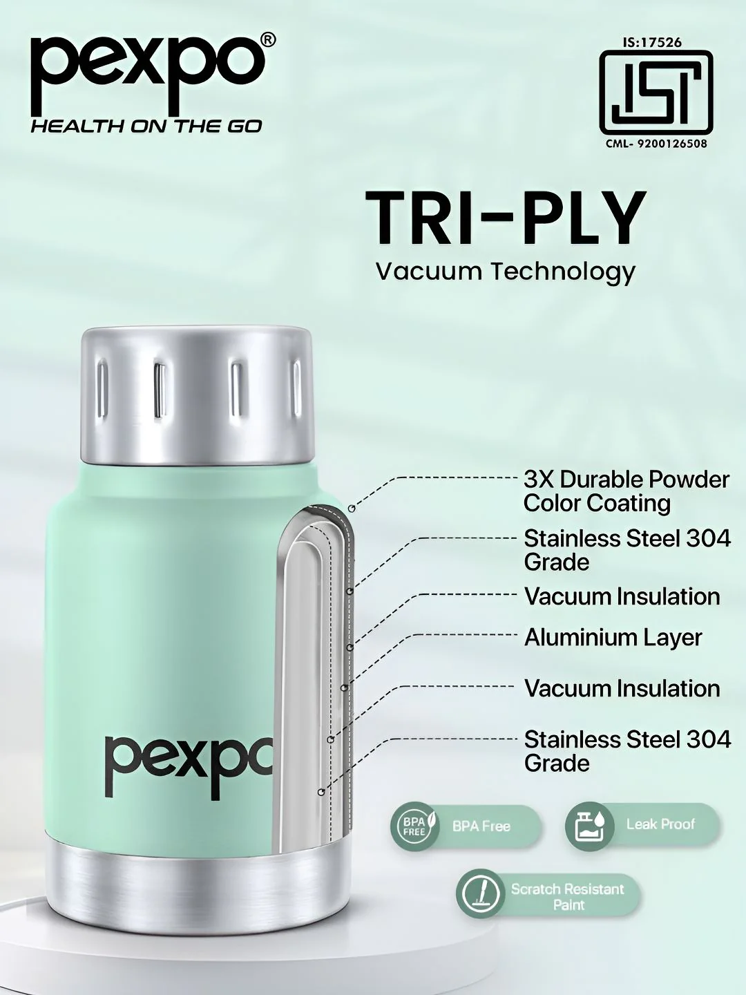 Pexpo Cameo Sea Green Printed Double Wall Thermosteel Hot & Cold Flask Water Bottle 160ml - Image 2