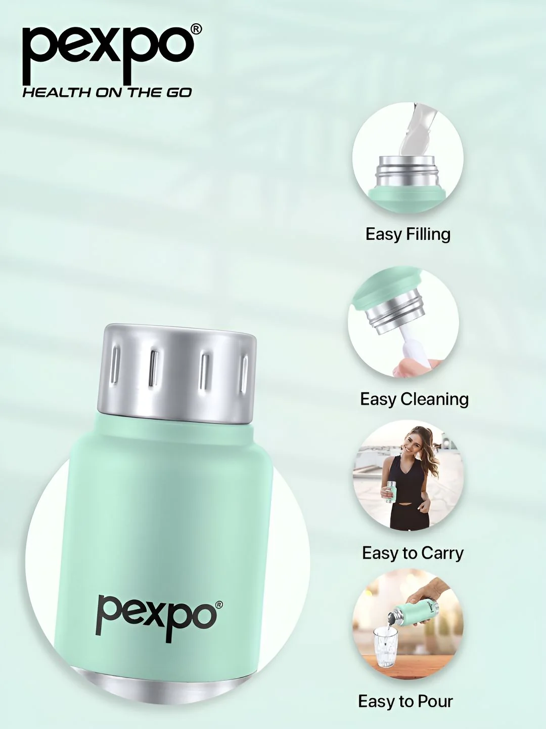 Pexpo Cameo Sea Green Printed Double Wall Thermosteel Hot & Cold Flask Water Bottle 160ml - Image 3