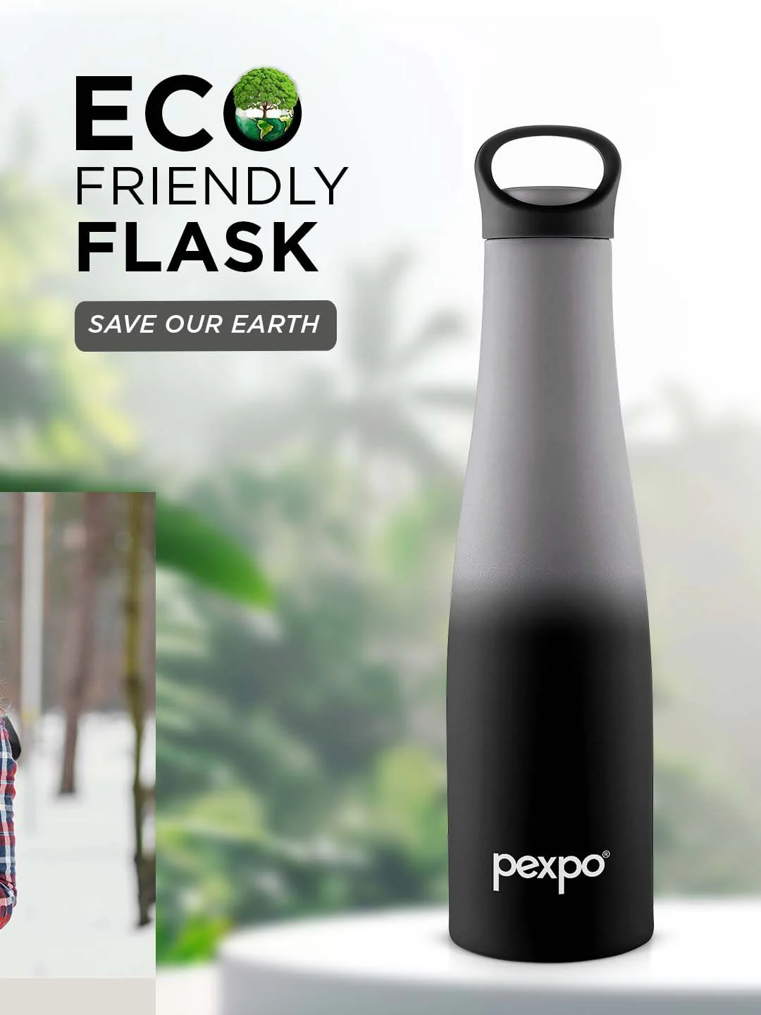 Pexpo Grey & Black Single Stainless Steel Double Wall Vacuum Water Bottle 600ml - Image 4