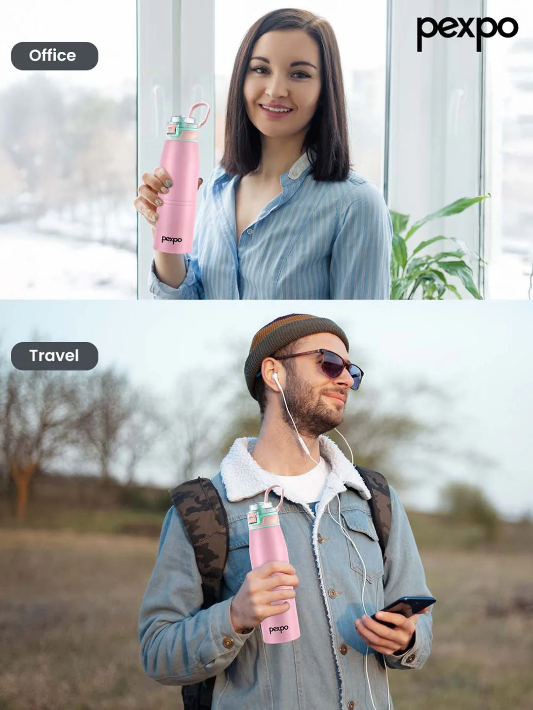 Pexpo Pink & Green Try Ply Stainless Steel Double Wall Vacuum Water Bottle 940ml - Image 5