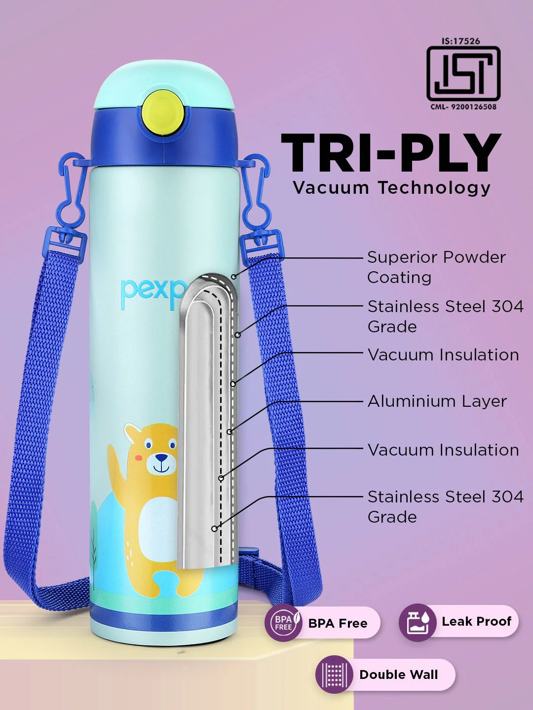 Pexpo Sea Green & Blue Printed Stainless Steel Double Wall Vacuum Water Bottle-470ml - Image 3