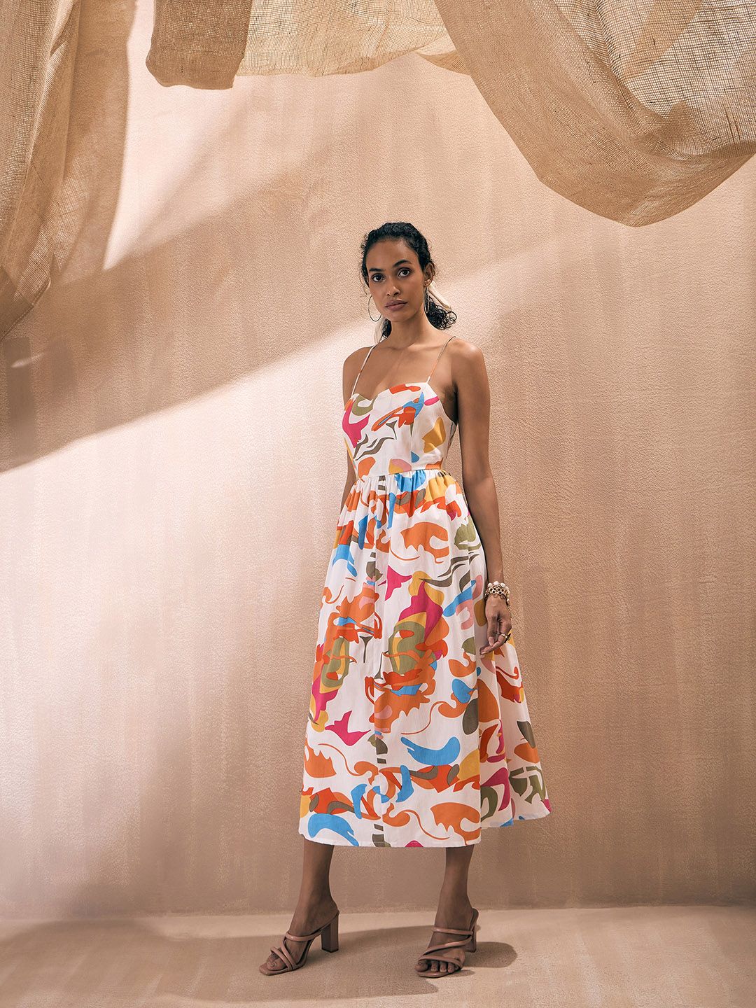 Pink Paprika by SASSAFRAS Abstract Printed Shoulder Straps Poplin Fit & Flare Midi Dress - Image 3