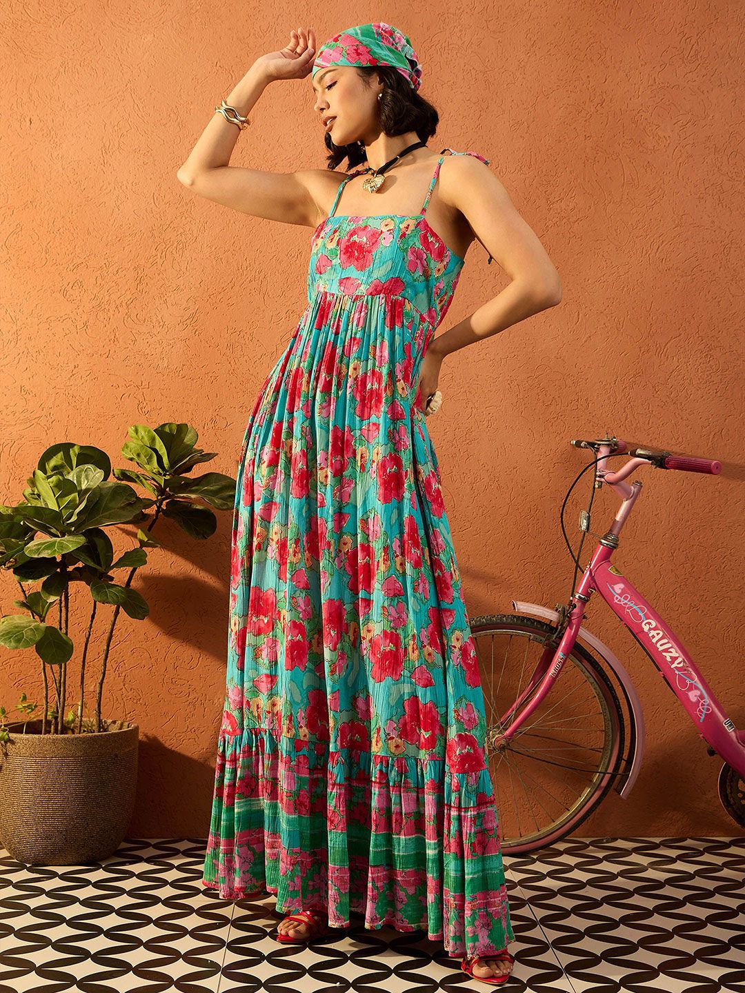 Pink Paprika by SASSAFRAS Floral Printed Gathered or Pleated Maxi Dress - Image 5