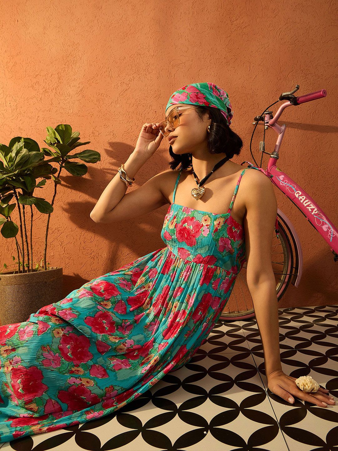 Pink Paprika by SASSAFRAS Floral Printed Gathered or Pleated Maxi Dress - Image 6
