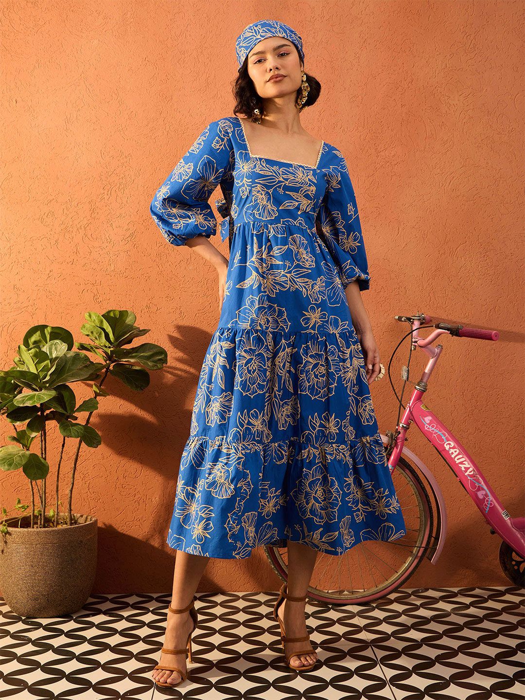 Pink Paprika by SASSAFRAS Floral Printed Puff Sleeves Fit and Flare Midi Dress - Image 2