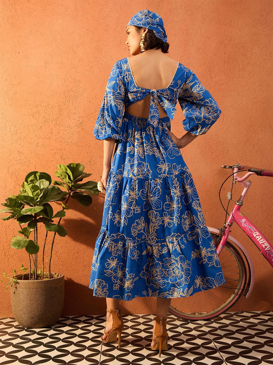Pink Paprika by SASSAFRAS Floral Printed Puff Sleeves Fit and Flare Midi Dress - Image 4