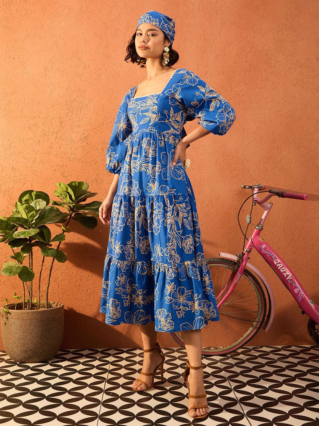 Pink Paprika by SASSAFRAS Floral Printed Puff Sleeves Fit and Flare Midi Dress - Image 5