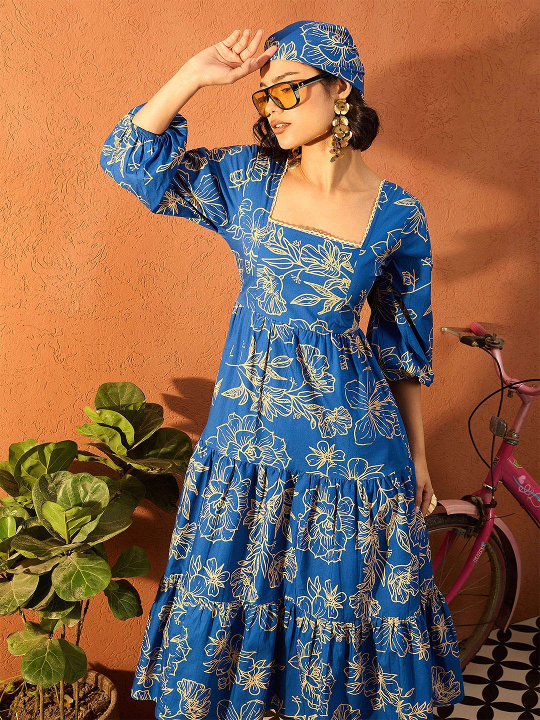 Pink Paprika by SASSAFRAS Floral Printed Puff Sleeves Fit and Flare Midi Dress - Image 6