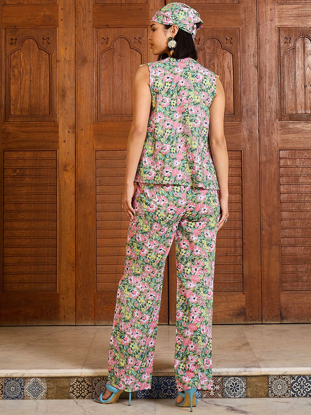Pink Paprika by SASSAFRAS Floral Printed V Neck Peplum Top With Trousers Co-Ords - Image 4