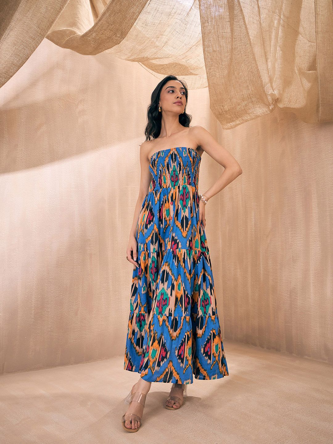 Pink Paprika by SASSAFRAS Ikat Printed Strapless Smocked Tube Fit & Flare Maxi Dress - Image 2