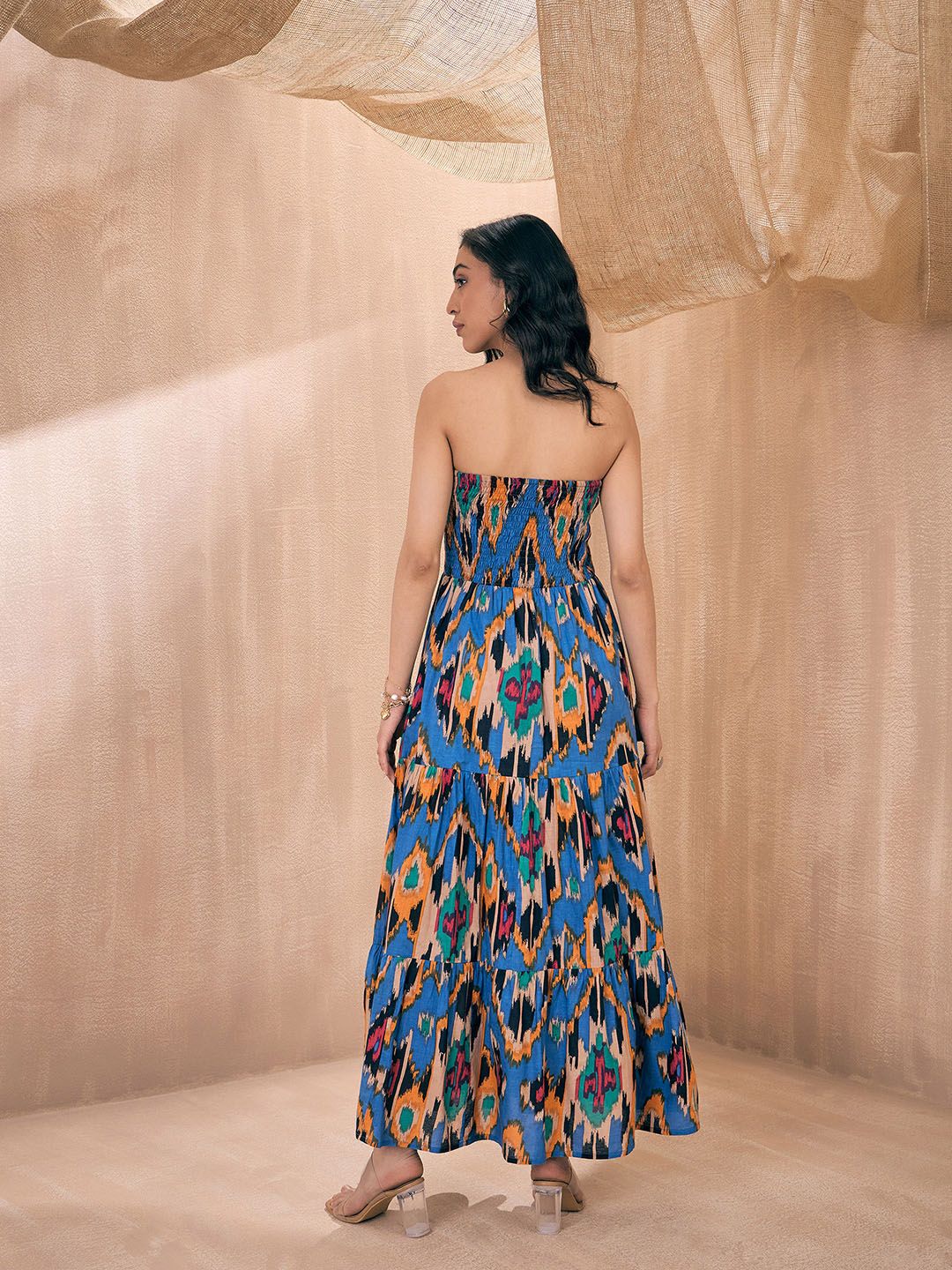 Pink Paprika by SASSAFRAS Ikat Printed Strapless Smocked Tube Fit & Flare Maxi Dress - Image 5