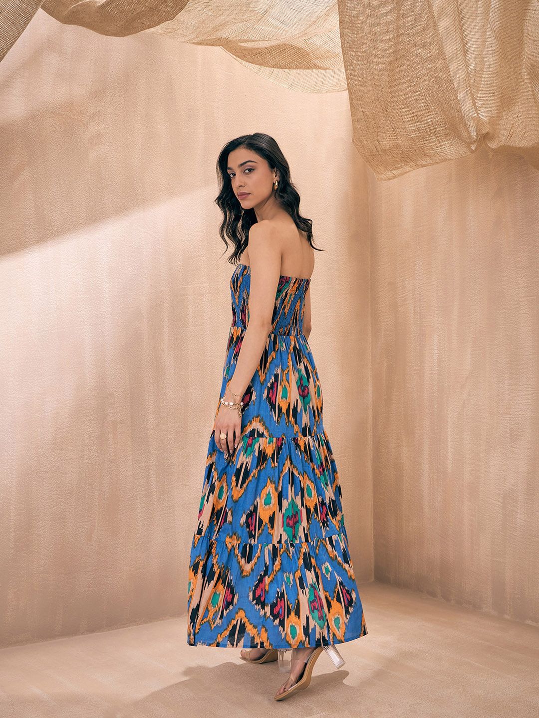 Pink Paprika by SASSAFRAS Ikat Printed Strapless Smocked Tube Fit & Flare Maxi Dress - Image 7