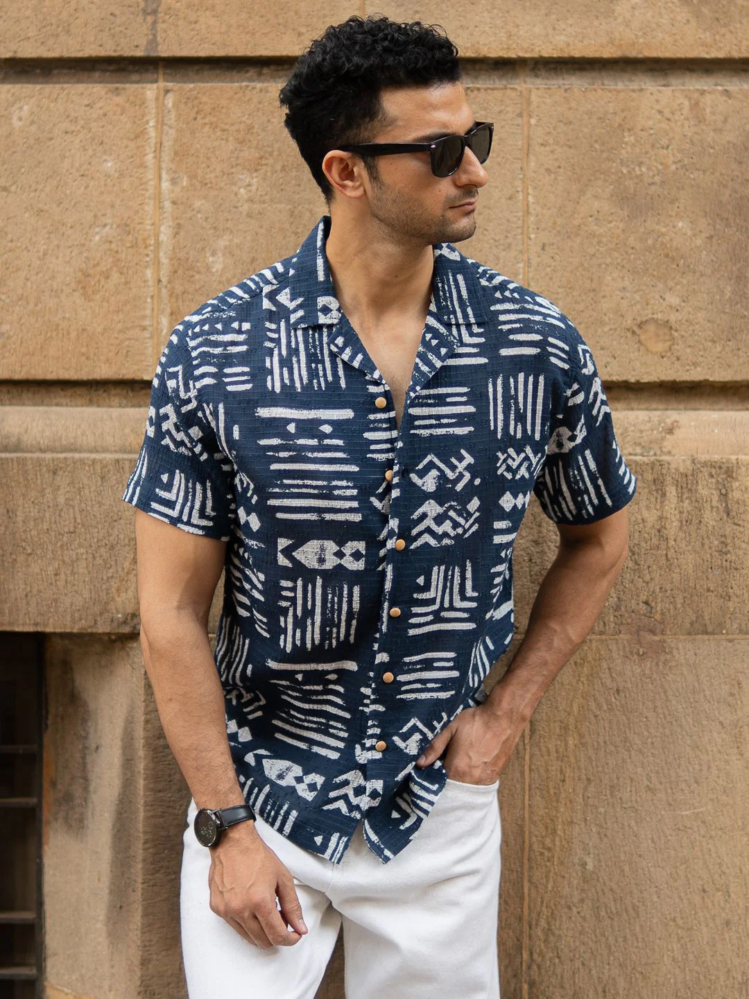 Powerlook Abstract Aztec Printed Cuban Collar Cotton Shirt - Image 6