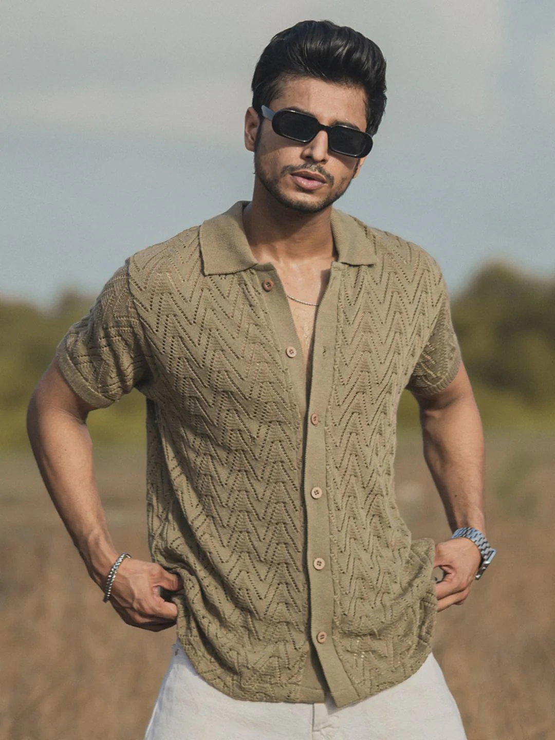 Powerlook Beige India Slim Geometric Self Design Spread Collar Casual Shirt - Image 6
