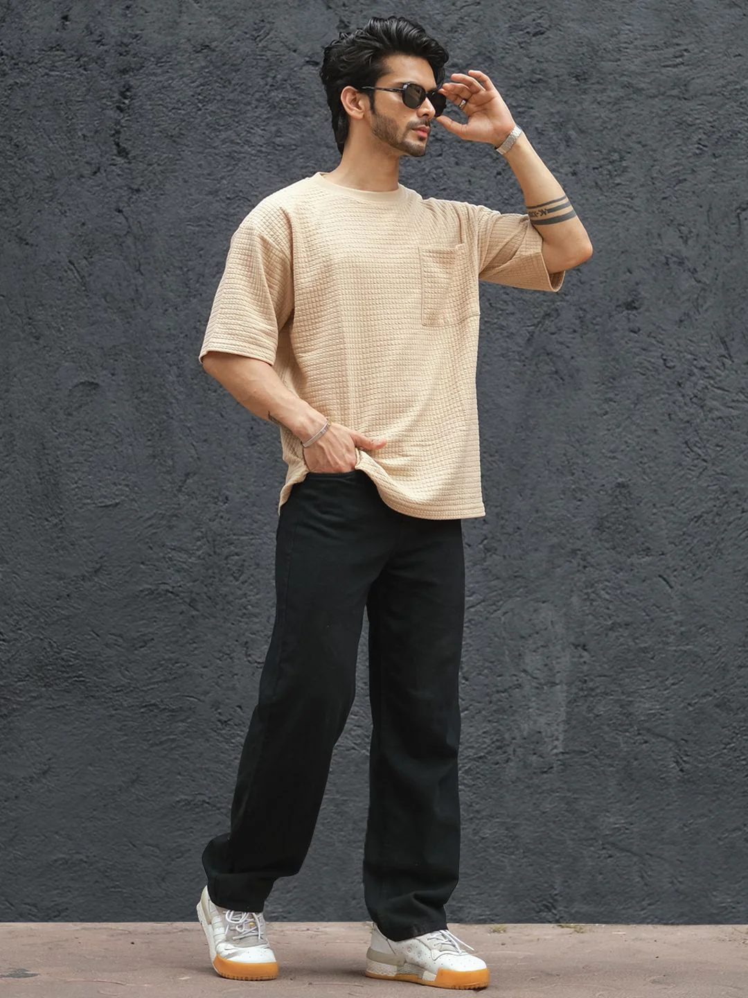 Powerlook Beige Striped Drop-Shoulder Sleeves Oversized T-shirt - Image 4