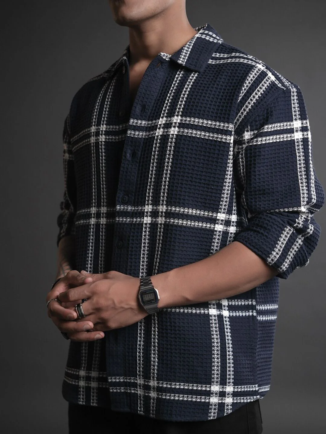 Powerlook Blue India Slim Oversized Tartan Checked Casual Shirt - Image 7