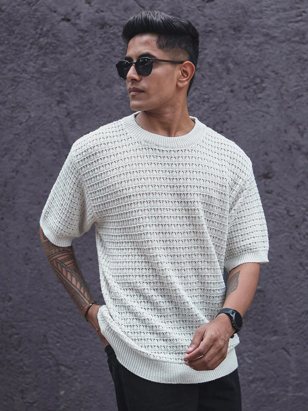 Powerlook Crochet Knit Oversized Half Sleeves T Shirt - Image 4